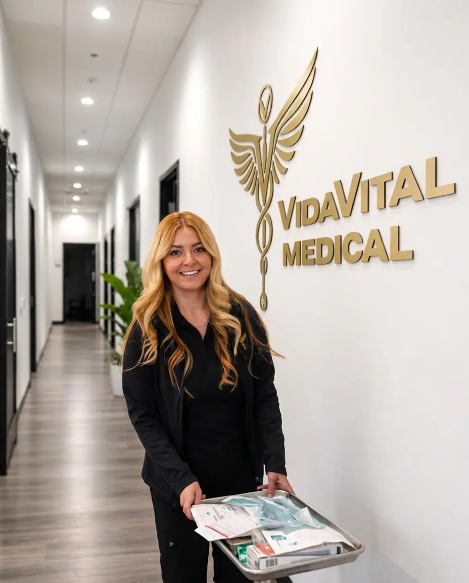 VidaVital Medical staff member holding medical supplies inside the clinic